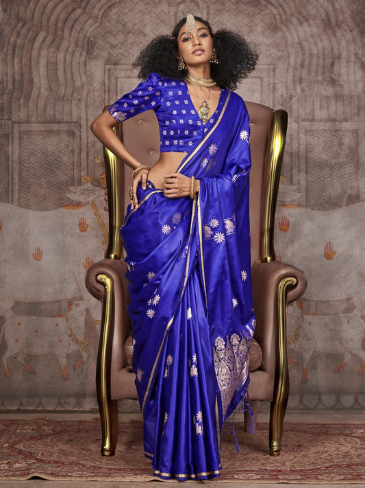 Cobalt Blue Woven Banarasi Satin Silk Saree