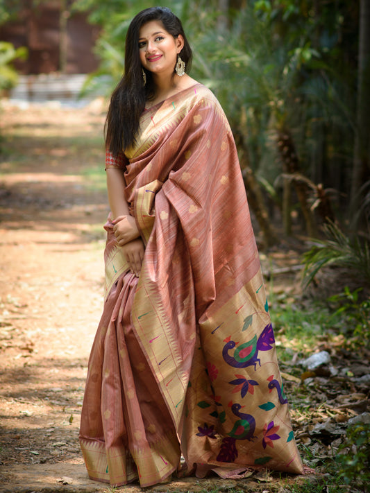 Peachy Brown Tussar Silk Paithani Saree