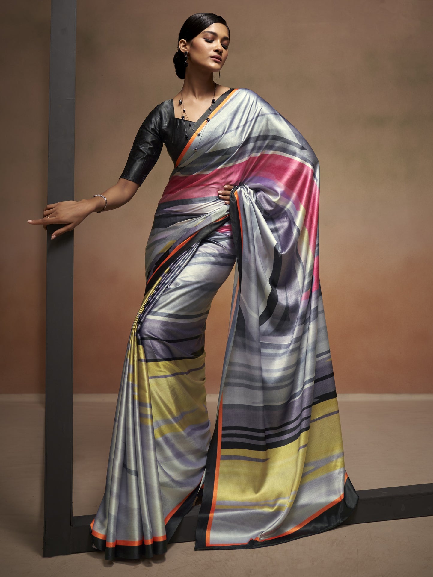 Fog Gray Satin Silk Printed Saree