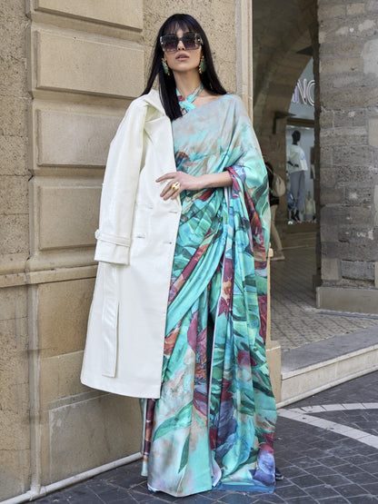 Sea Blue Satin Crepe Printed Saree