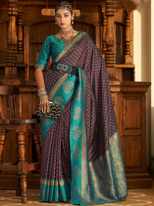 Coffee Maroon Woven Banarasi Soft Silk Saree