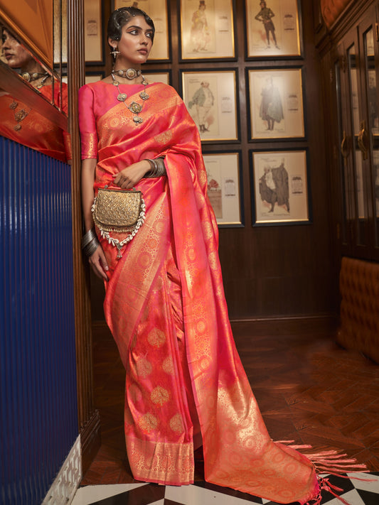 Coral Pink Woven Banarasi Saree