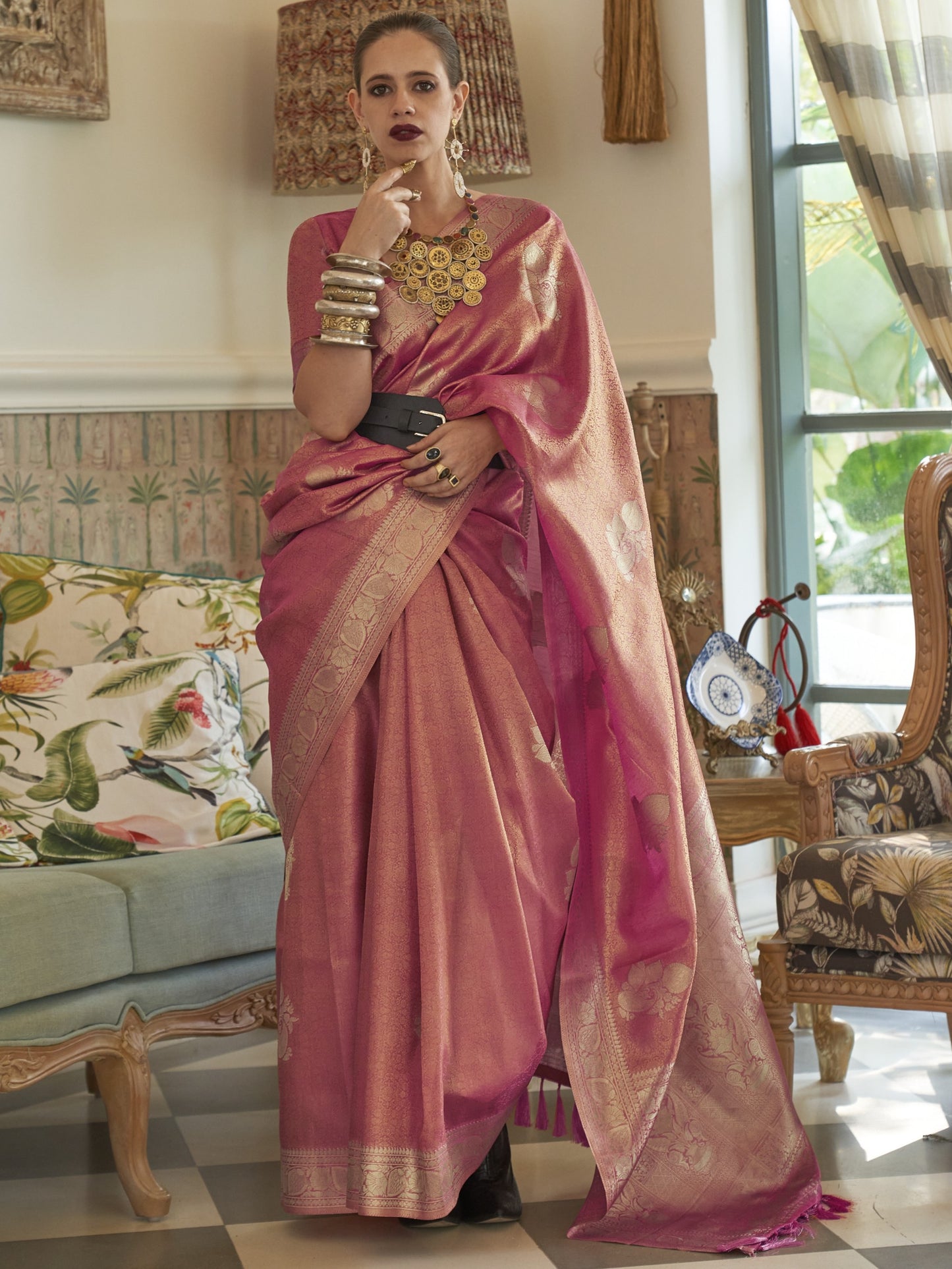Flamingo Pink Satin Tissue Silk Saree