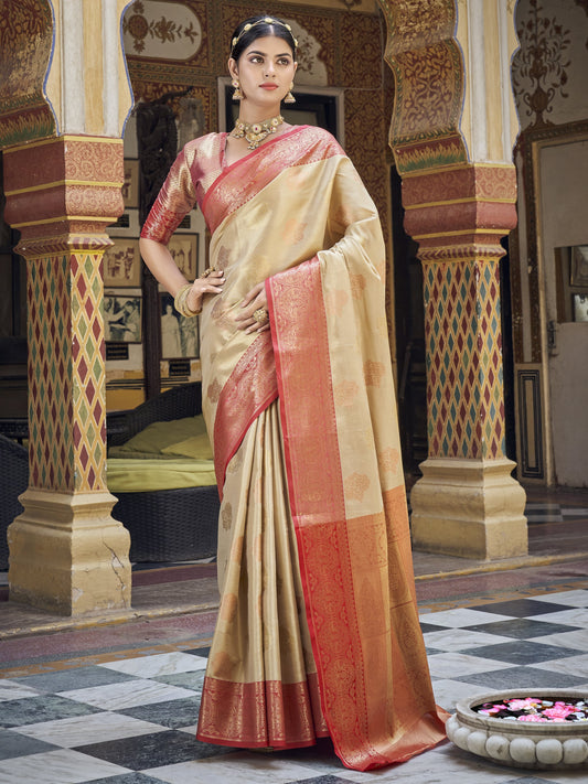 Cream Beige Tissue Silk Saree