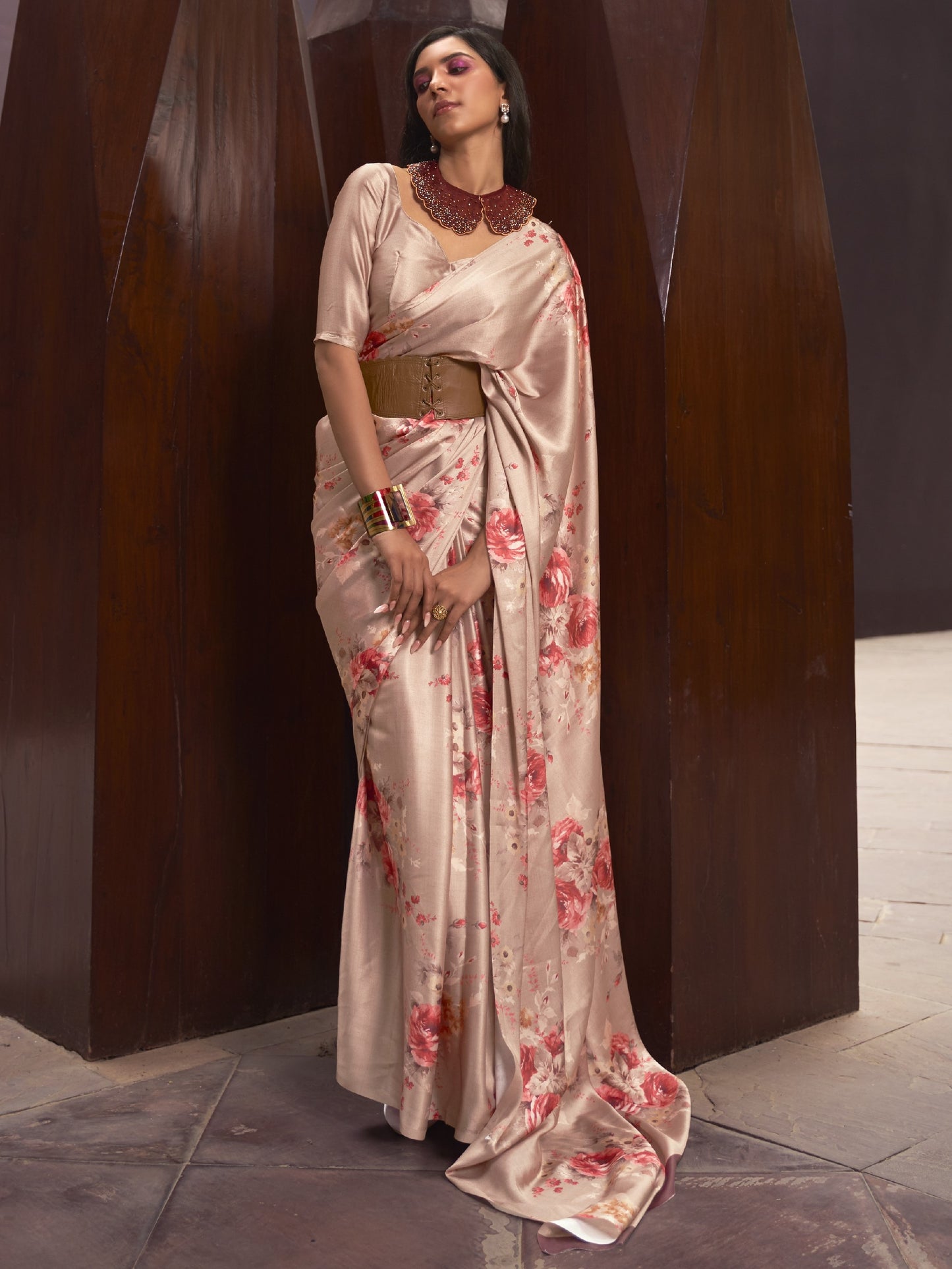 Sandy Tan Digital Print Satin Crepe Saree