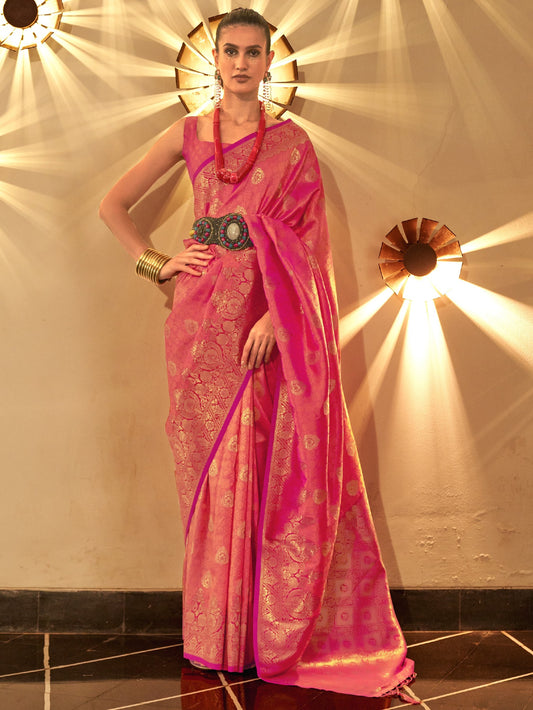 Coral Pink Woven Banarasi Saree