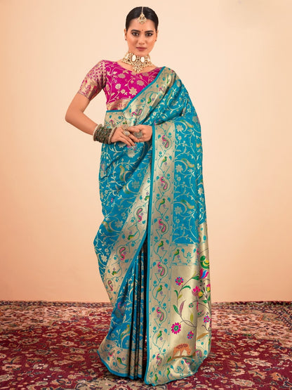 Firozi Blue Woven Paithani Silk Saree with Contrast Blouse