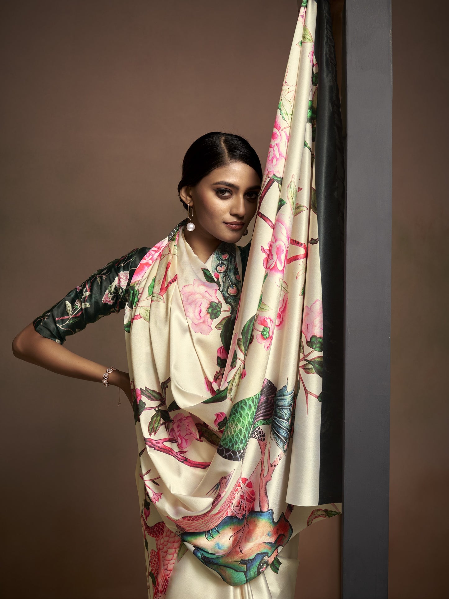 Pearl White Satin Silk Printed Saree