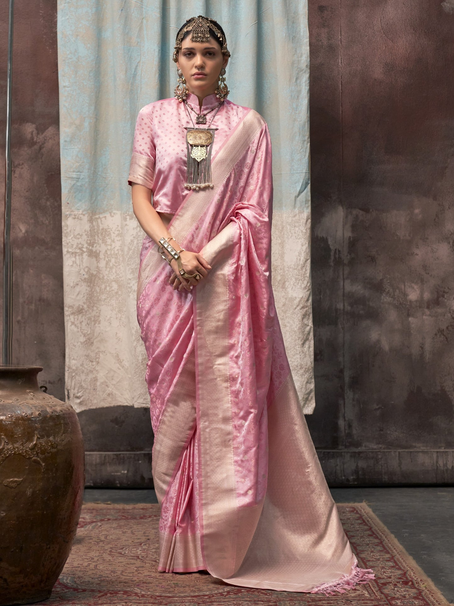 Flamingo Pink Woven Banarasi Satin Silk Saree