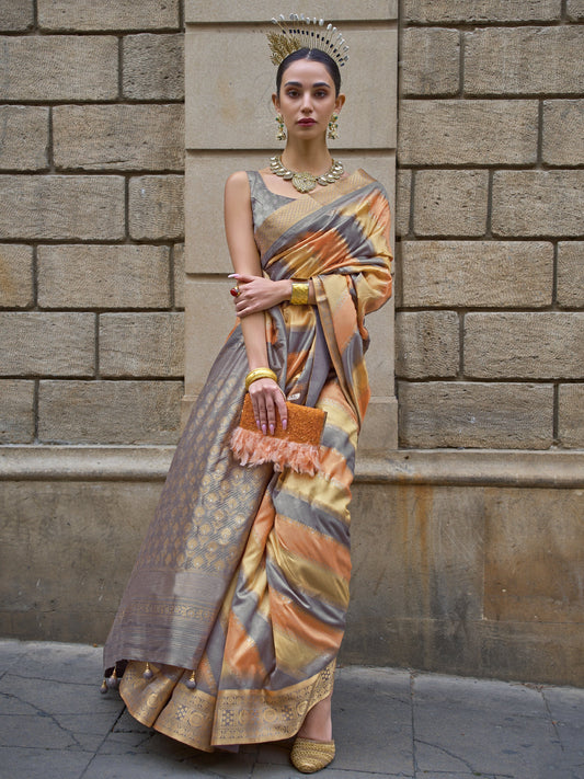 Gray with Creamy Orange Banarasi Print Soft Silk Saree