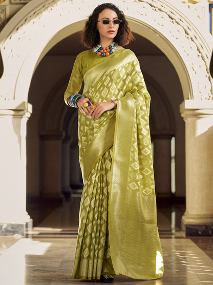 Olive Green Zari Woven Tissue Silk Saree