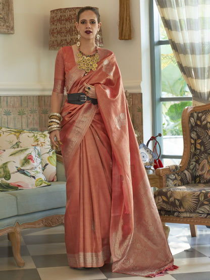 Salmon Red Satin Tissue Silk Saree