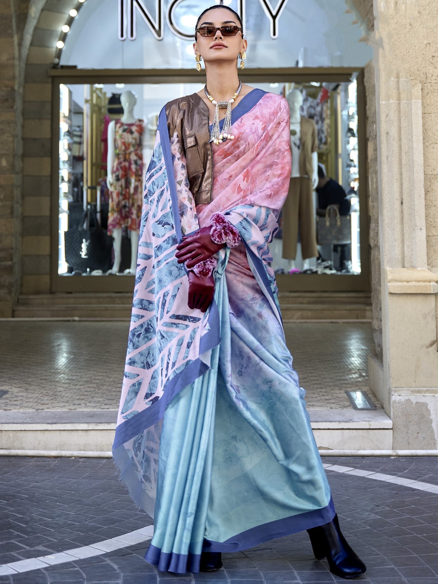 Pink & Blue Satin Crepe Printed Saree