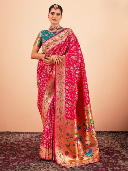 True Red Woven Paithani Silk Saree with Contrast Blouse