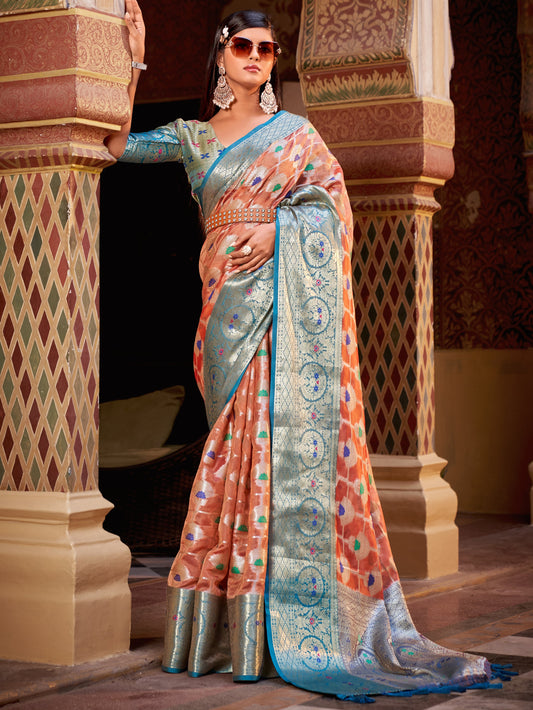 Coral Peach Tissue Silk Saree