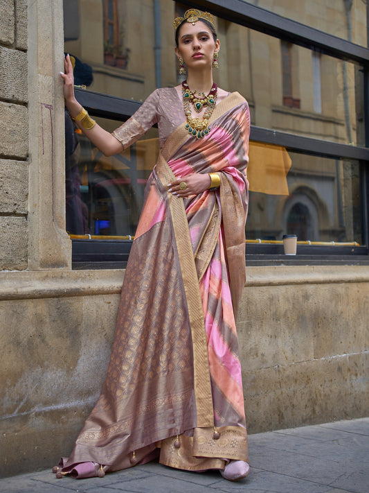 Rose Brown with Multicolor Banarasi Print Soft Silk Saree