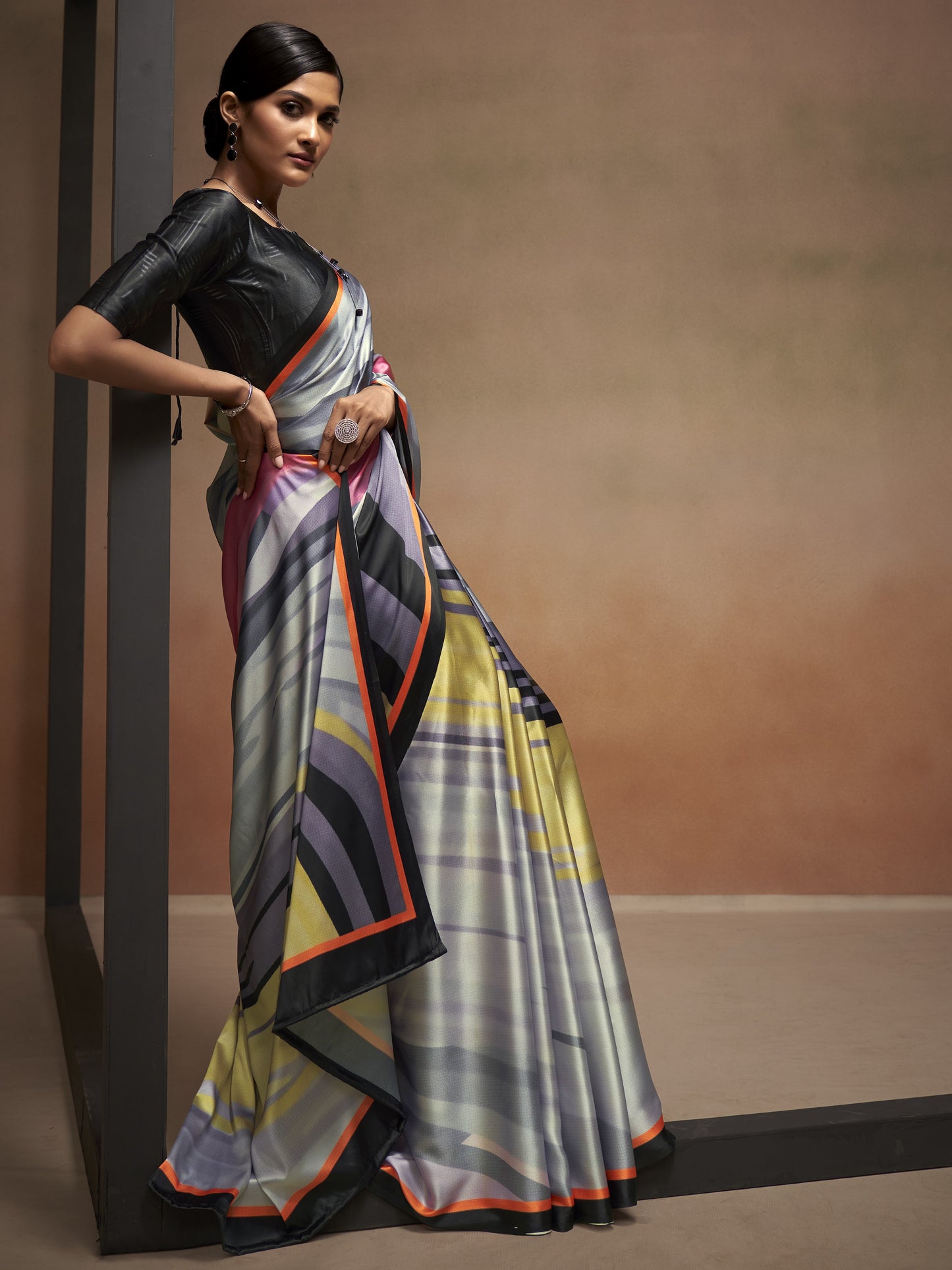 Fog Gray Satin Silk Printed Saree