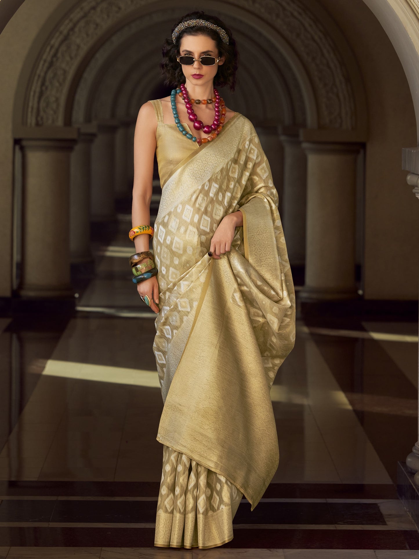 Tan Beige Zari Woven Tissue Silk Saree