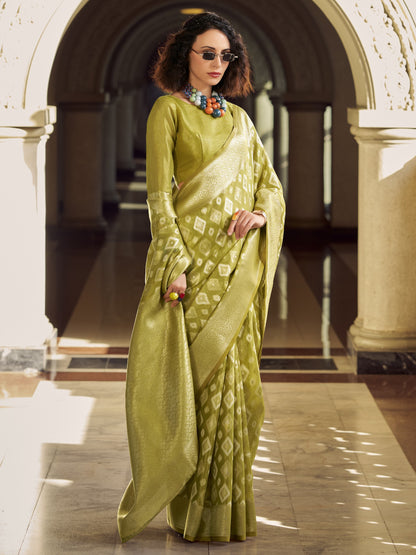 Olive Green Zari Woven Tissue Silk Saree