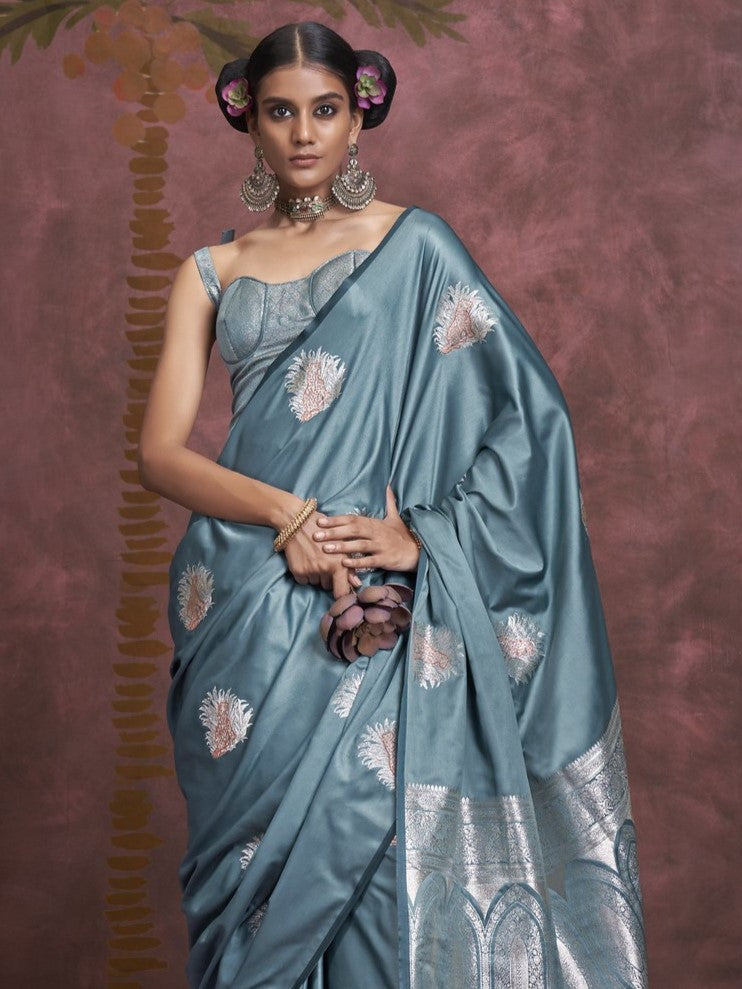 Steel Blue Woven Banarasi Satin Silk Saree