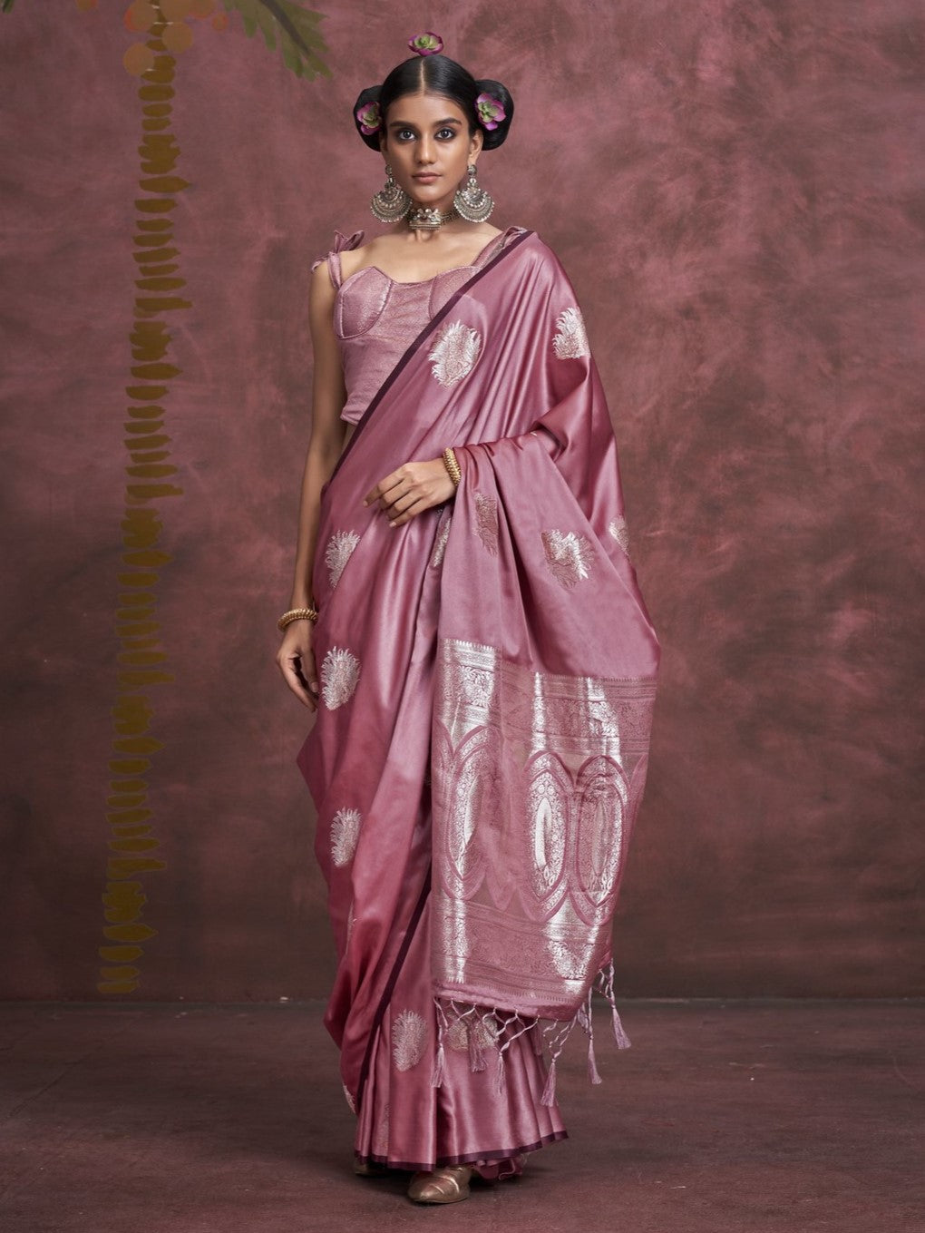 Coral Pink Woven Banarasi Satin Silk Saree