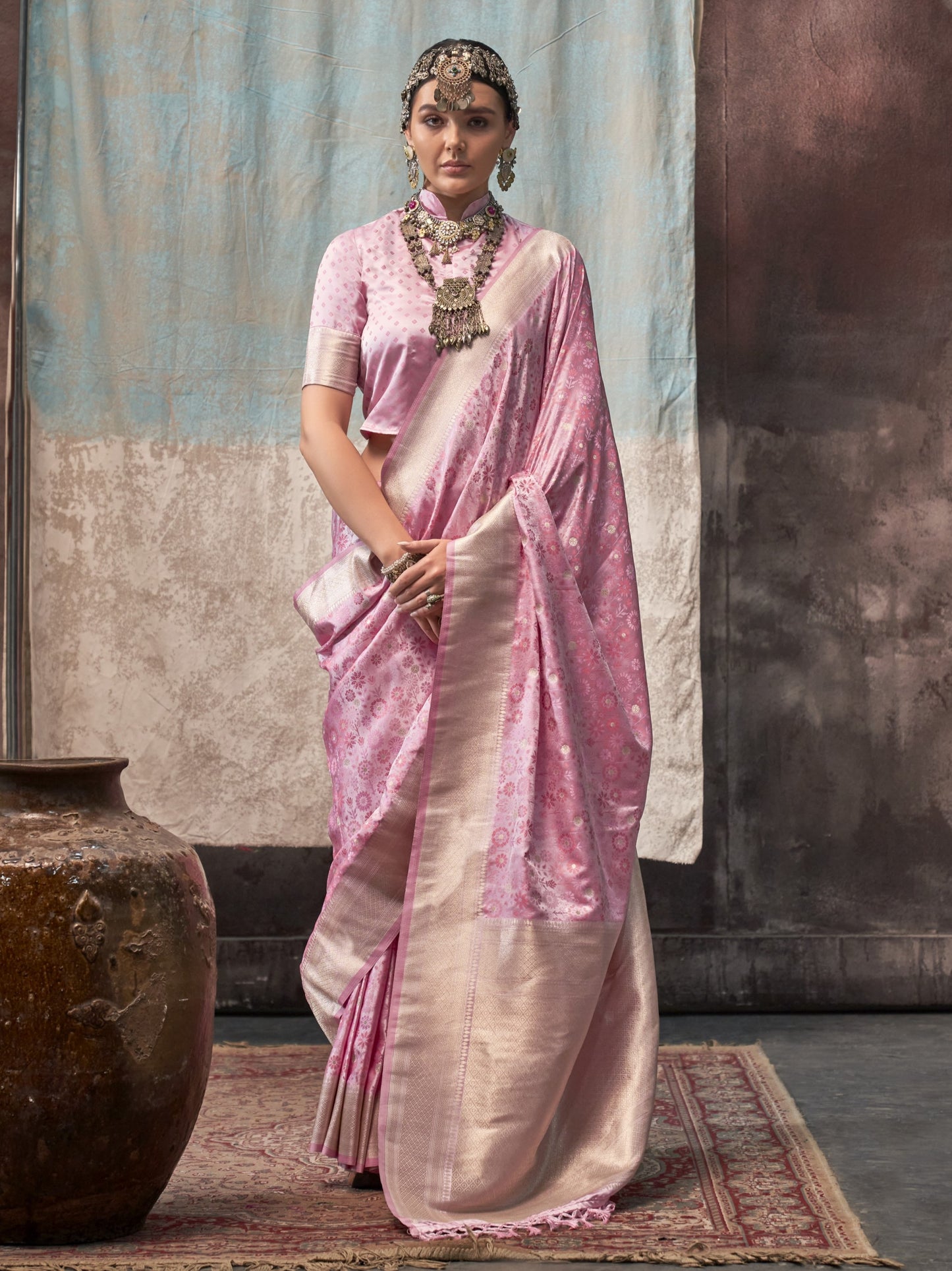 Blush Pink Woven Banarasi Satin Silk Saree