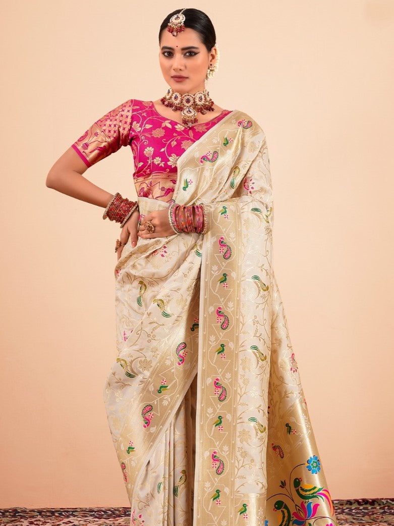 Cream White Woven Paithani Silk Saree with Contrast Blouse