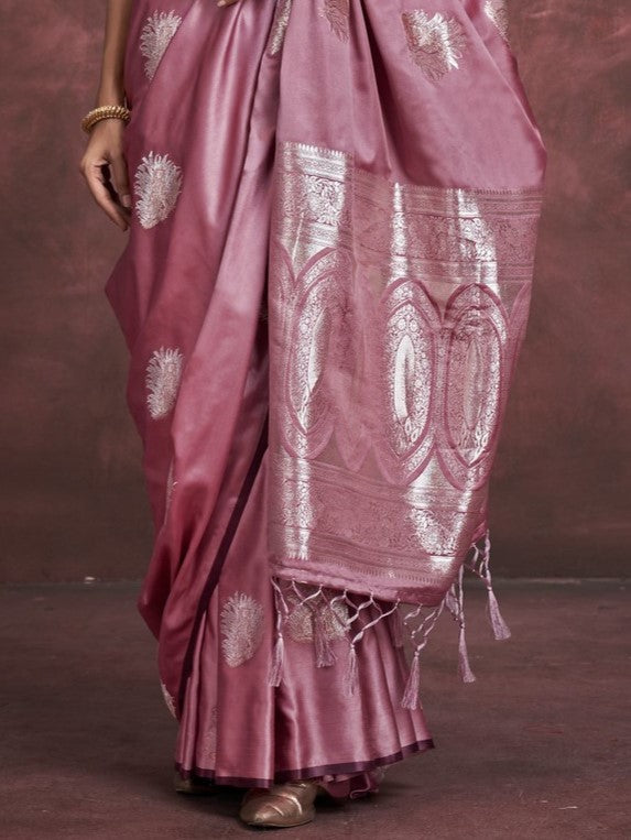 Coral Pink Woven Banarasi Satin Silk Saree