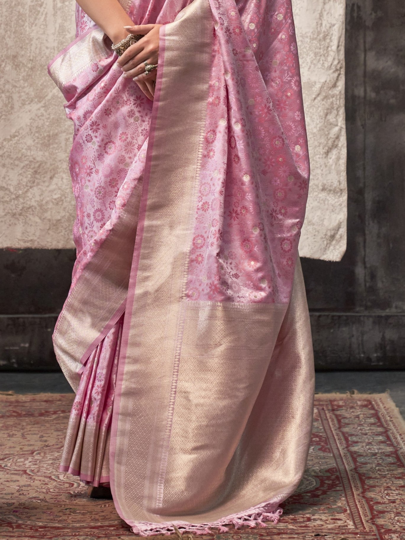 Blush Pink Woven Banarasi Satin Silk Saree