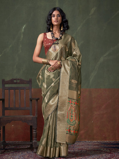 Olive Green Woven Paithani Tissue Silk Saree