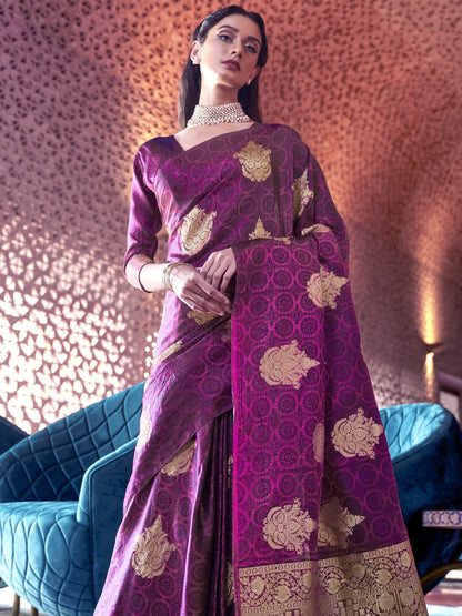 Dark Magenta Satin Silk Banarasi Saree