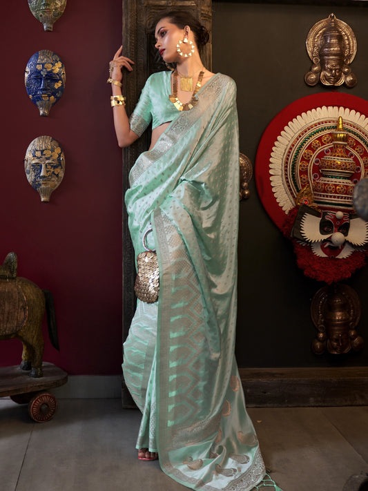 Aqua Blue Woven Banarasi Satin Silk Saree