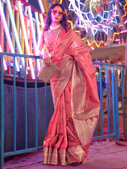 Strawberry Pink Woven Banarasi Soft Silk Saree