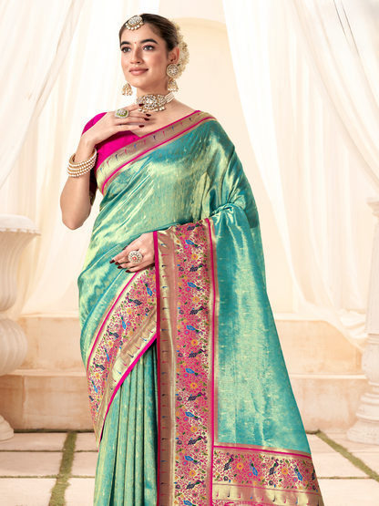 Teal Green Woven Paithani Tissue Silk Saree