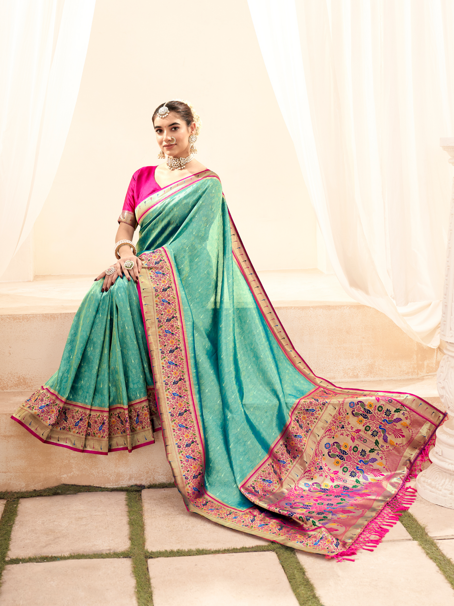 Teal Green Woven Paithani Tissue Silk Saree