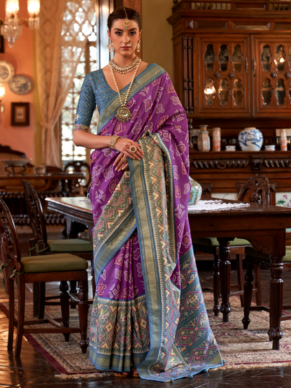 Lilac Purple Woven Patola Tussar Silk Saree