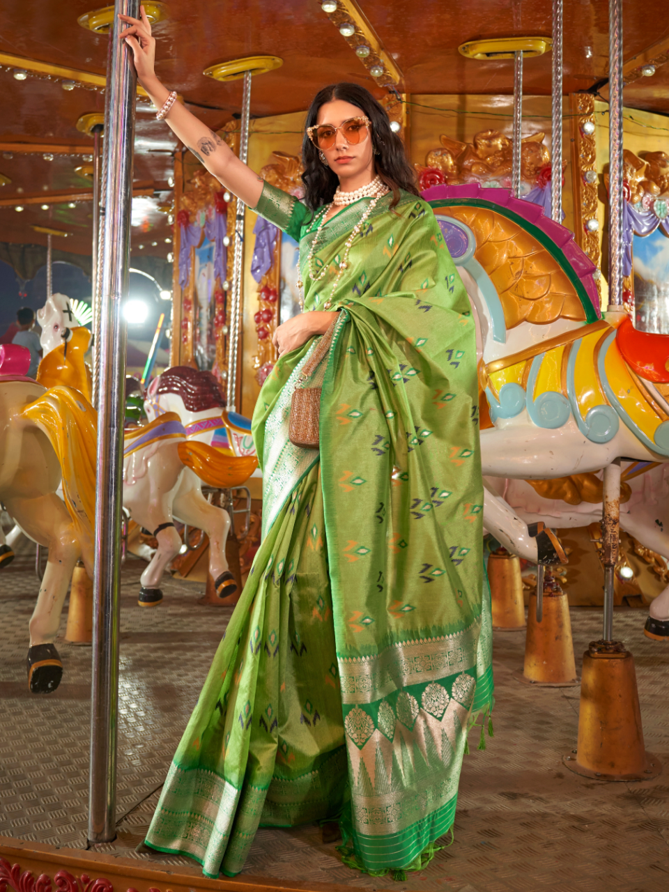 Lemon Green Brasso Silk With Bandhani Print Festive-Wear Saree [Contrast- Blouse]