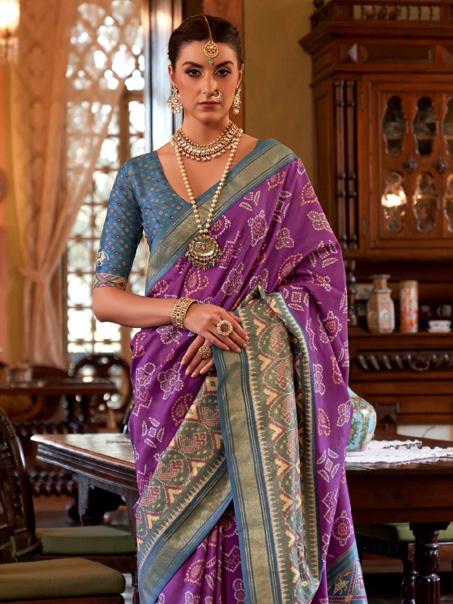 Lilac Purple Woven Patola Tussar Silk Saree