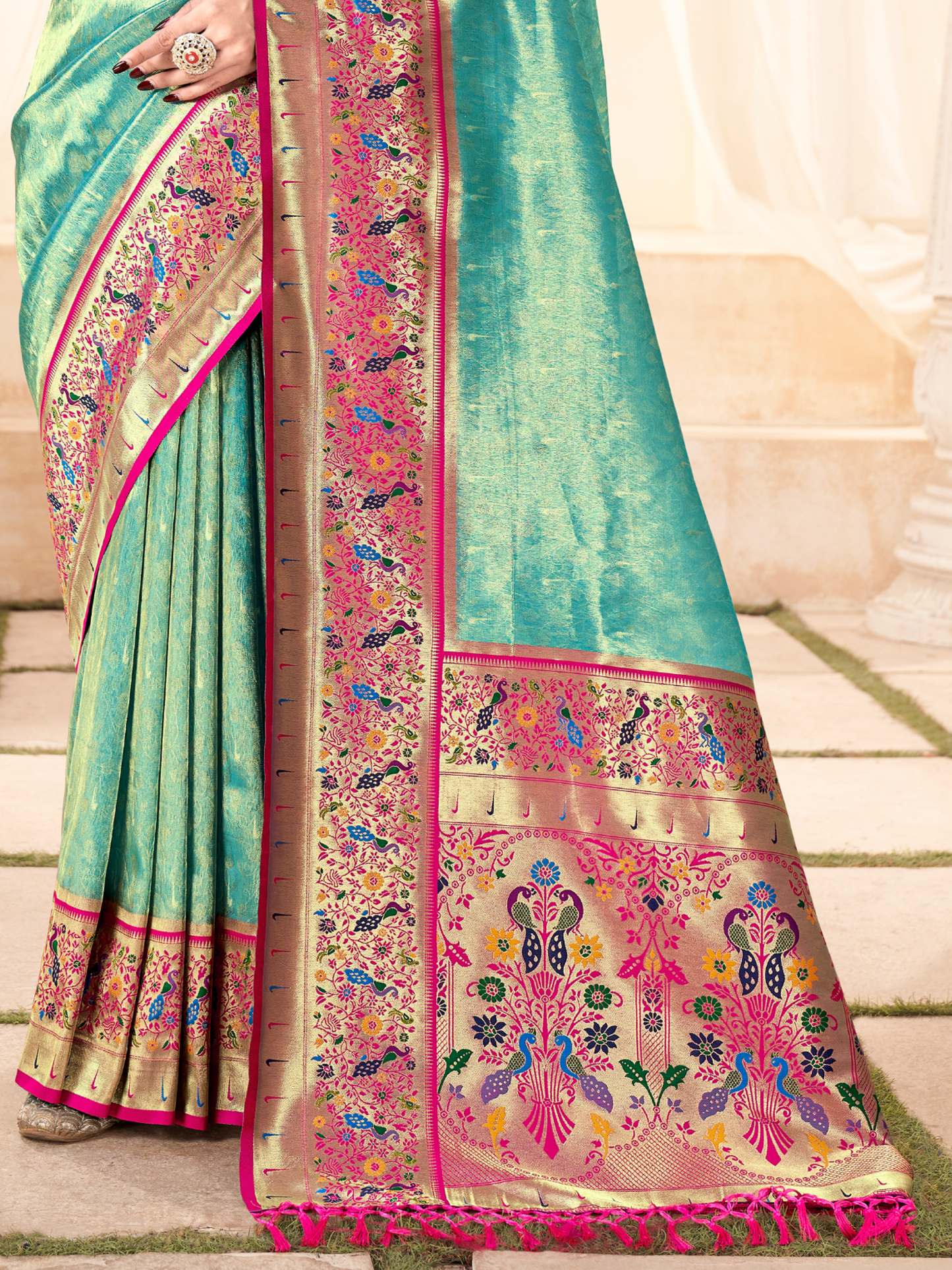 Teal Green Woven Paithani Tissue Silk Saree