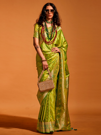 Pear Green Woven Banarasi Satin Silk Saree