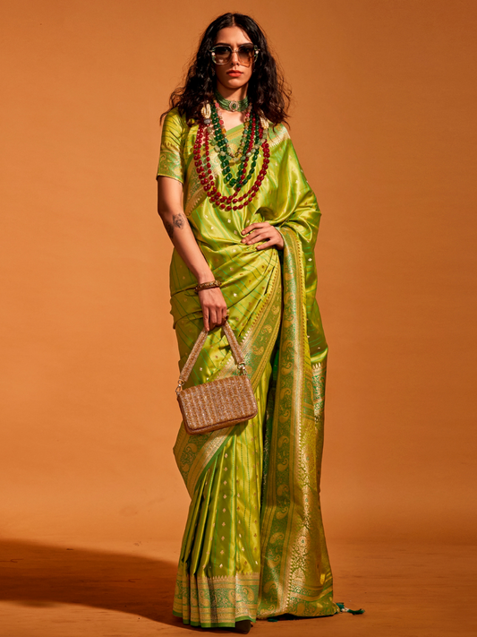 Pear Green Woven Banarasi Satin Silk Saree