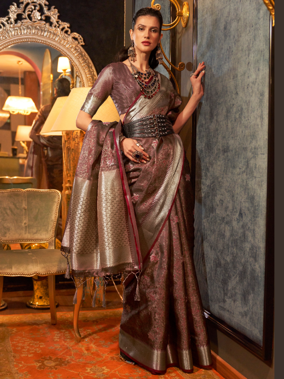 brown organza silk saree