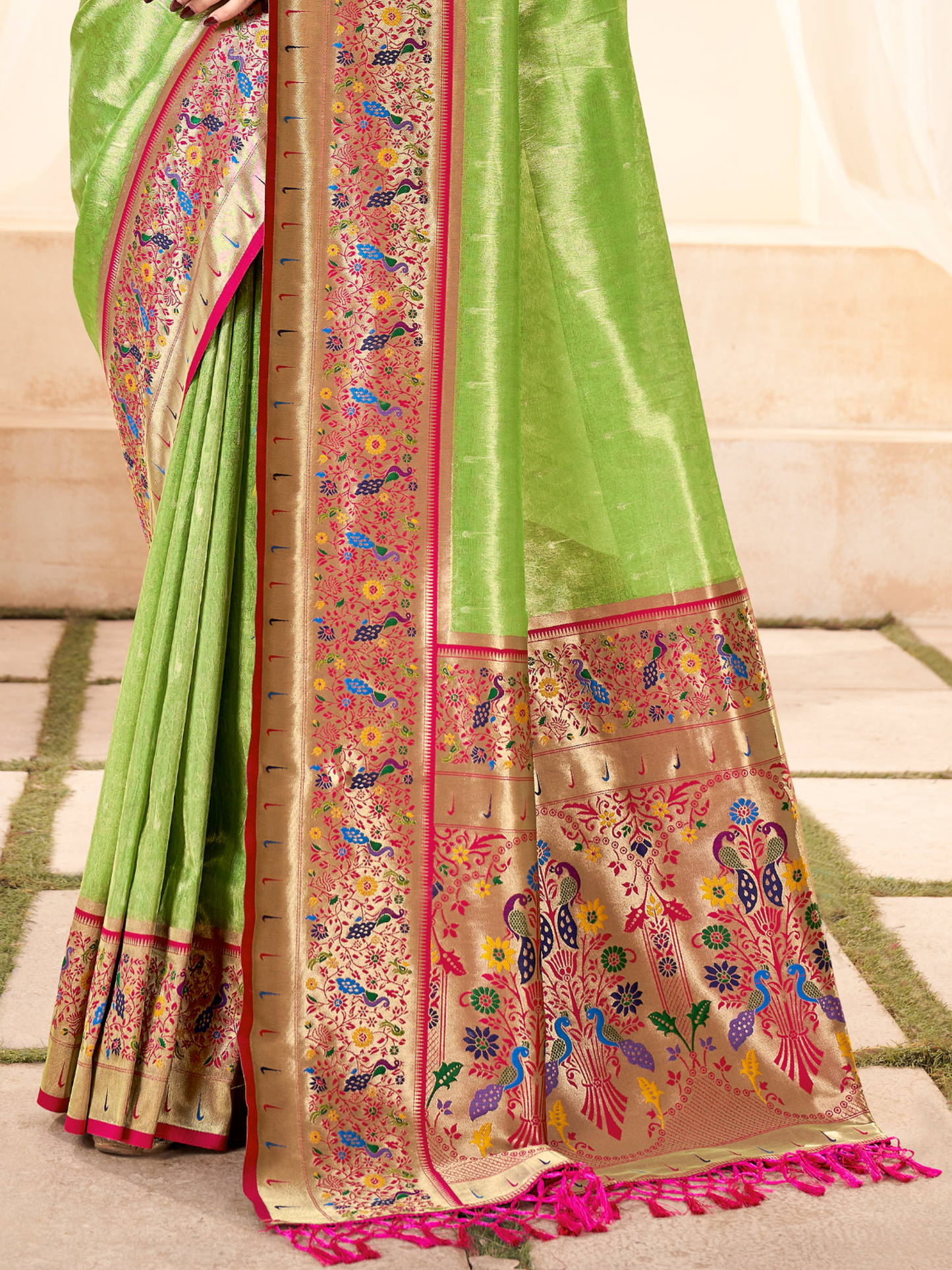 Parrot Green Woven Paithani Tissue Silk Saree