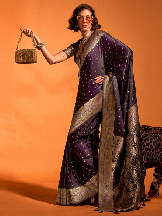 Dark Purple Banarasi Satin Silk Saree