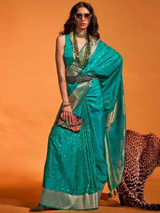 Ocean Blue Banarasi Satin Silk Saree