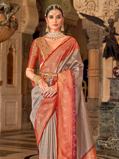 Coin Gray Woven Kanjivaram Patola Silk Saree