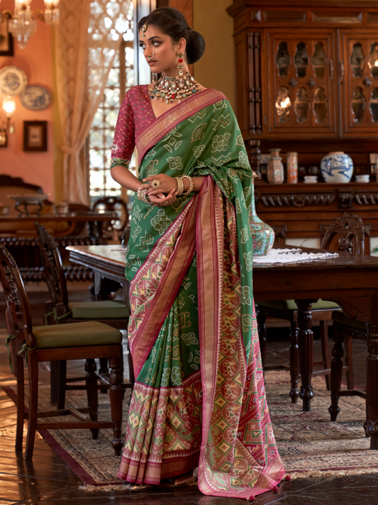 Basil Green Woven Patola Tussar Silk Saree