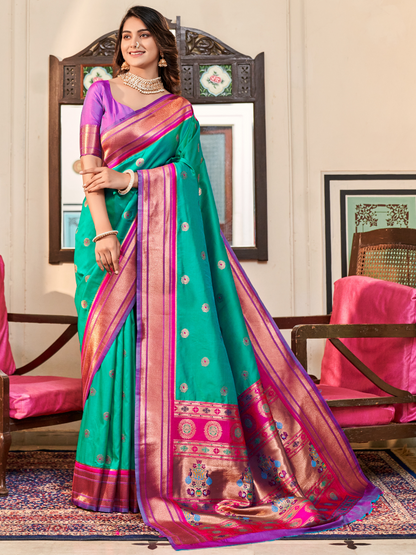 Sea Green Woven Soft Silk Paithani Saree