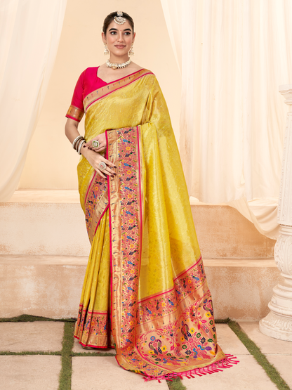 Classy Yellow Woven Paithani Tissue Silk Saree