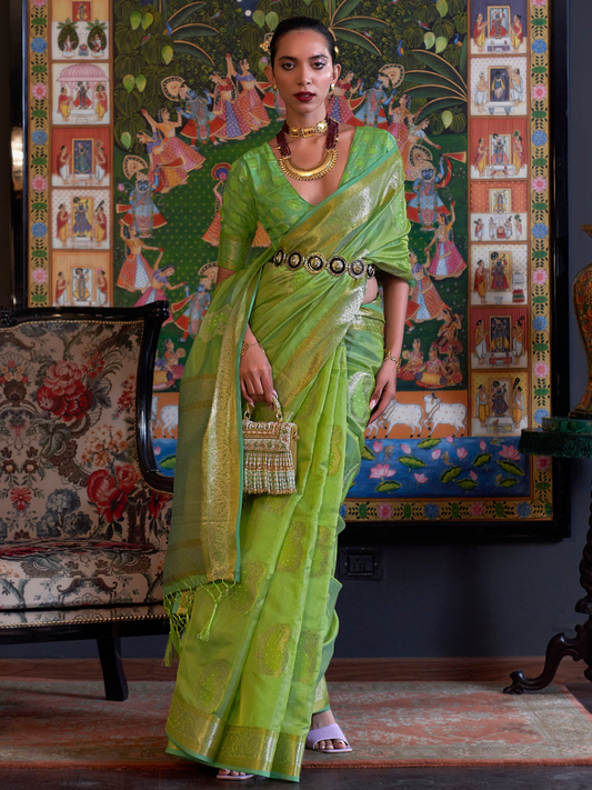 neon green organza saree